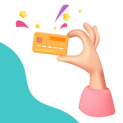 Cartoon 3d vector hand holding yellow credit card  icon design. Online payment and money financial security, online shopping business concept illustration.