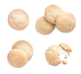 Wall Mural - Set with tasty sugar cookies on white background, top view