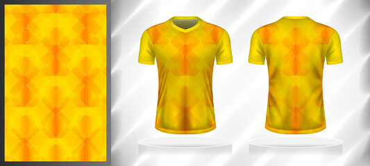 Vector sport pattern design template for T-shirt front and back view mockup. Yellow-red color geometric plaid line texture background illustration.