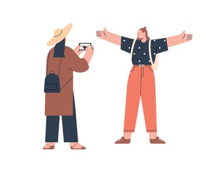 Wall Mural - tourists friends on summer vacations. woman taking photo on mobile phone of girlfriend during summer