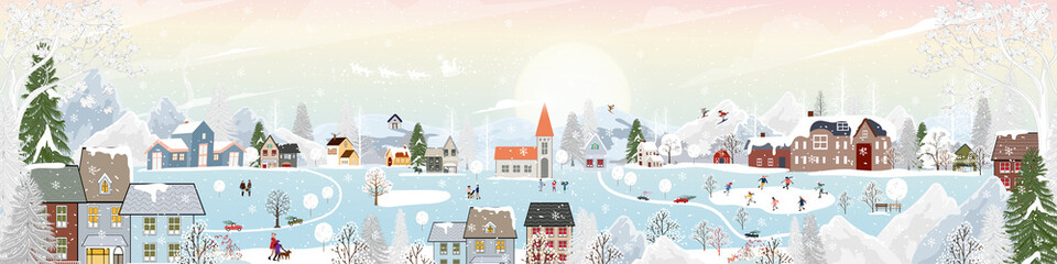 Winter wonderland landscape background at night,people having fun in the city on new year,Cut Vector Christmas Eve in village with people celebration,Kids doing outdoor activity and skiing on mountain