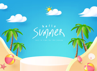 Wall Mural - summer sale poster banner template for promotion with product display cylindrical shape and beach ba