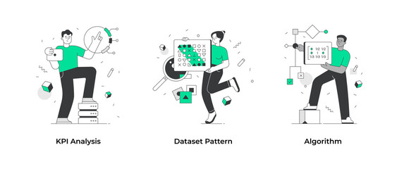 Algorithms, dataset and KPI analysis. People use algorithms to optimize workflow. Set of data science concepts. Concept scenes for visual storytelling