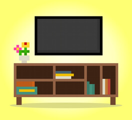 Wall Mural - 8 Bit Pixel modern Television in Vector Illustration for Game Assets. Flat TV on desk in Pixel Art.