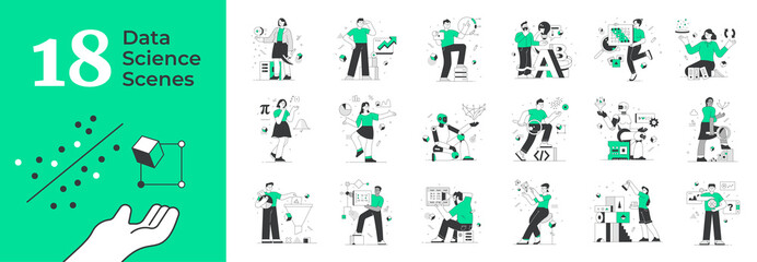 data science and technologies concepts. scenes with characters for visual storytelling. linear style