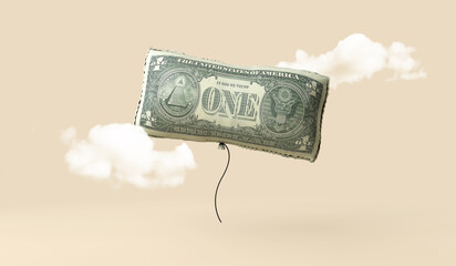 Inflated one dollar bill balloon. Economic inflation concept. 3D Rendering