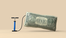 Inflated One Dollar Bill Balloon. Economic Inflation Concept. 3D Rendering