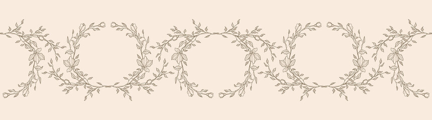 Wall Mural - Hand drawn line floral seamless border. Elegant vintage wreath horizontal pattern. Vector botanical illustration for invitation, greeting, card, cover, packaging, poster