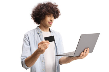 Sticker - Casual guy using a credit card and a laptop computer