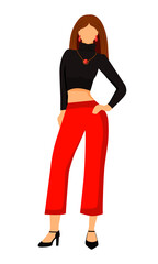 Canvas Print - Female model in red crop top and red pants semi flat color vector character. Standing figure. Full body person on white. Simple cartoon style illustration for web graphic design and animation