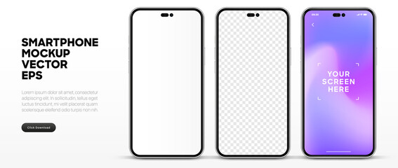 Leinwandbilder - Realistic smartphone mockup isolated with transparent screens. Smart phone mockup collection. Device front view. 3D mobile phone with shadow on white background. Realistic, flat and line style