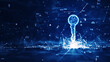 Key code connection concept to protect data in cybersecurity technology. There is a prominent key on the right that is connected polygon with binary code and a small icon on a dark blue background.