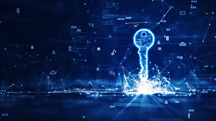 Leinwandbilder - Key code connection concept to protect data in cybersecurity technology. There is a prominent key on the right that is connected polygon with binary code and a small icon on a dark blue background.