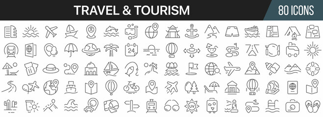 Poster - Travel and tourism line icons collection. Big UI icon set in a flat design. Thin outline icons pack. Vector illustration EPS10