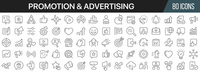Poster - Promotion and advertising line icons collection. Big UI icon set in a flat design. Thin outline icons pack. Vector illustration EPS10
