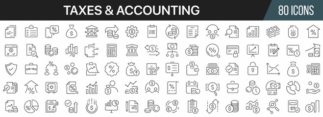 Leinwandbilder - Taxes and accounting line icons collection. Big UI icon set in a flat design. Thin outline icons pack. Vector illustration EPS10