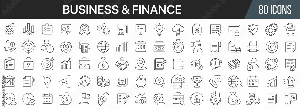Finance and business line icons collection. Big UI icon set in a flat ...