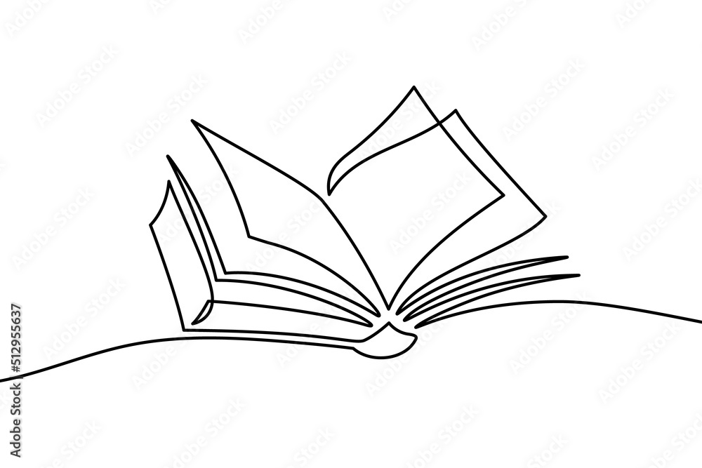 Open book in continuous line art drawing style. Education and knowledge ...