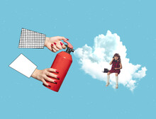 Contemporary Art Collage. Conceptual Image. Woman's Hand With Fire Extinguisher Making Clouds For Little Girl, Child Playing