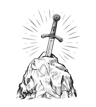 Excalibur Sword In The Stone. Hand Drawn Sketch In Vintage Engraving Style. Vector Illustration