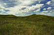 Summer steppe landscape. Grunge. Blue sky. Yellow grass. Panorama