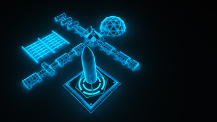 Wall Mural - a blue wireframe from a space station (3d rendering)