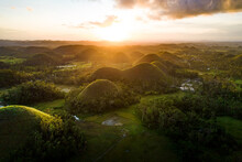 Stunning Drone Views Of The Famous Chocolate Hills Mountain Formations At Sunset In Bohol, Philippines