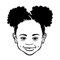 Black African American little smiling girl face portrait with two puffs ponytails on her head.Vector baby silhouette drawing illustration,curly wavy hair.Afro hairstyles.Curls.T shirt print.DIY cricut