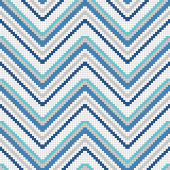 Poster - Pixelated chevron of blue and white mosaic cells. Vector decor suitable for print and decoration.