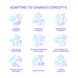 Adapting to changes blue gradient concept icons set. Skills and abilities. Flexibility idea thin line color illustrations. Isolated symbols. Roboto-Medium, Myriad Pro-Bold fonts used