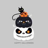 Fototapeta Dinusie - Happy halloween greeting card with pumpkin in cat costume and cute black kitten. Holidays cartoon character. -Vector