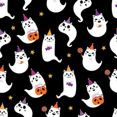 Wall Mural - Halloween pet cartoon character seamless pattern. Cute cat and kitten ghost with candy and pumpkin wallpaper and background. - Vector