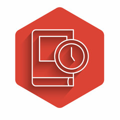 Sticker - White line Time for book icon isolated with long shadow. Red hexagon button. Vector