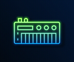 Sticker - Glowing neon line Music synthesizer icon isolated on blue background. Electronic piano. Vector