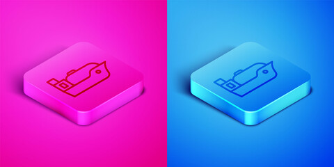 Poster - Isometric line Oil tanker ship icon isolated on pink and blue background. Square button. Vector