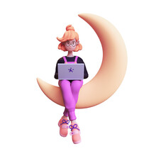 Red-haired Happy Romantic Writer Girl In Glasses, Purple T-shirt, Pink Overalls Works On A Laptop Sits On Golden Crescent Moon Floating In Spacе. 3d Render In Minimal Style Isolated On White Backdrop.