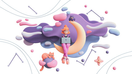 Red-haired happy romantic female writer in glasses, pink overalls uses laptop for work sits on yellow moon in space, floating blue purple clouds stars, cat, owl. 3d render isolated on white backdrop.