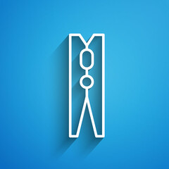 Poster - White line Old wood clothes pin icon isolated on blue background. Clothes peg. Long shadow. Vector