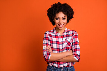 Sticker - Photo of cheerful excited lady worker cross arms ready working wear look outfit isolated shine color background