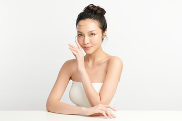 Wall Mural - Beautiful young asian woman with clean fresh skin on white background, Face care, Facial treatment, Cosmetology, beauty and spa, Asian women portrait.