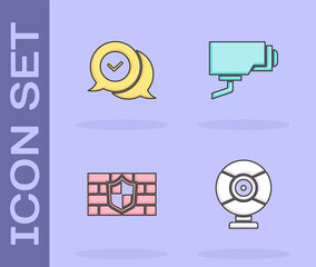 Poster - Set Security camera, Check mark in speech bubble, Shield with brick wall and icon. Vector