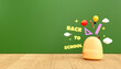 © mamewmy - Back to school concept with chalkboard background school bag and stationery element empty copy space banner cartoon 3d illustration