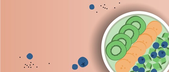 Smoothie bowls with kiwi and banana, flat vector stock illustration with healthy vegan food, copy space template