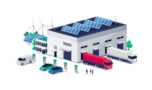 Company Electric Cars Fleet Charging On Charger Station At Logistic Hall Centre. Transport Delivery Semi Truck Unloading.  Renewable Solar Wind Electricity Energy Factory. Retail Shipping Distribution