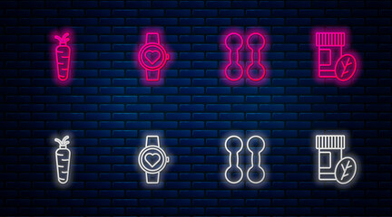 Poster - Set line Smart watch, Dumbbell, Carrot and Vitamin pill. Glowing neon icon on brick wall. Vector