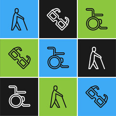 Poster - Set line Blind human holding stick, Wheelchair and Eyeglasses icon. Vector