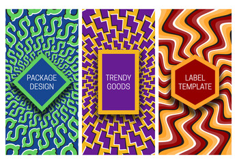 Canvas Print - Set of packaging design with creative optical illusion backgrounds. Moving hypnotic backdrop of geometric elements with frames for text.