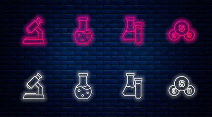 Poster - Set line Test tube, Microscope and Sulfur dioxide SO2. Glowing neon icon on brick wall. Vector