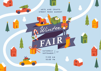 Vector winter fair poster, flyer or banner or banner template. Christmas holiday season recreation and public event.