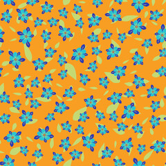 Wall Mural - Seamless vector pattern with blue flowers and leaves on an orange background. Bright texture for fabric, packaging, wrapping paper, postcard, wallpaper